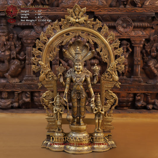 Brass Vishnu in Frame with Garuda and hanuman, Fine Golden Finish, 24"