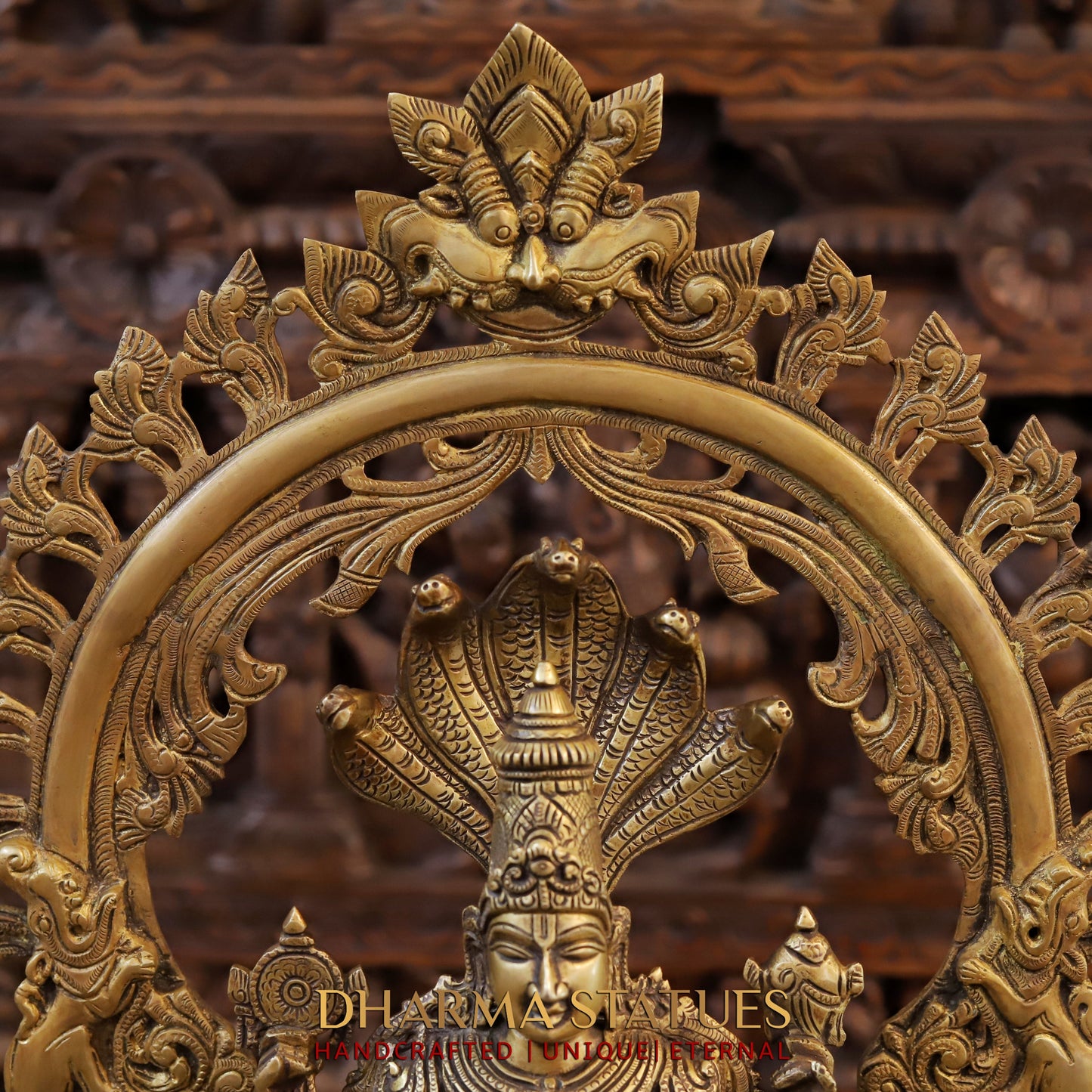 Brass Vishnu in Frame with Garuda and hanuman, Fine Golden Finish, 24"