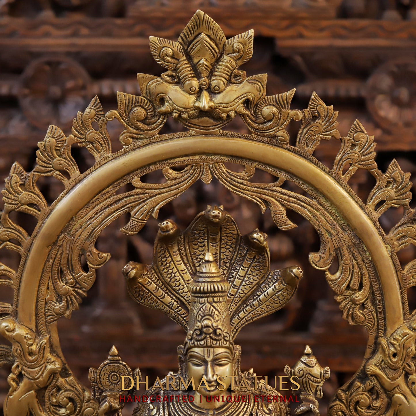 Brass Vishnu in Frame with Garuda and hanuman, Fine Golden Finish, 24"