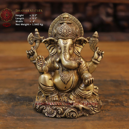 Brass Ganesh Statue, Seated, Fine Golden Finish  6.5"