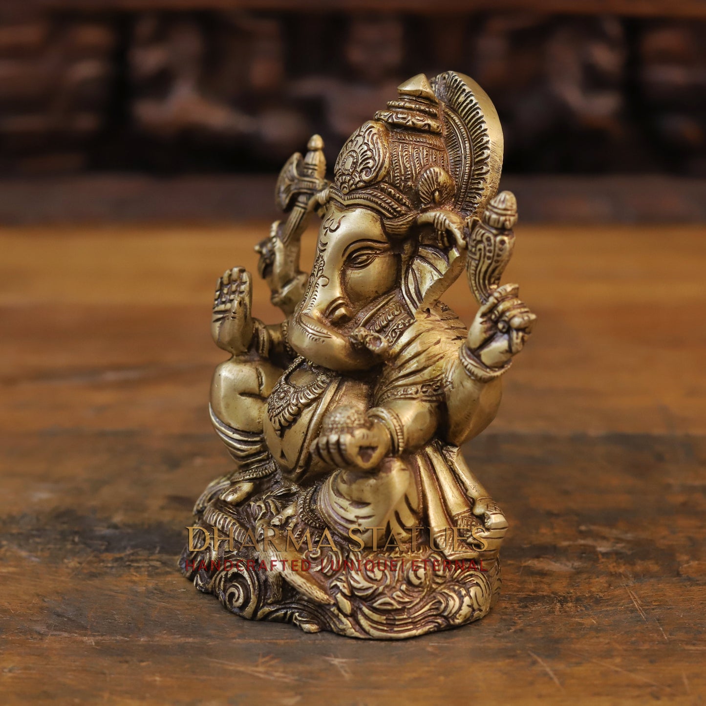 Brass Ganesh Statue, Seated, Fine Golden Finish  6.5"