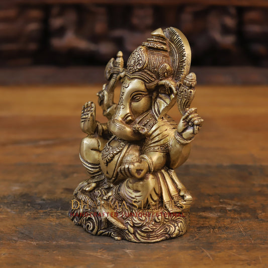Brass Ganesh Statue, Seated, Fine Golden Finish  6.5"
