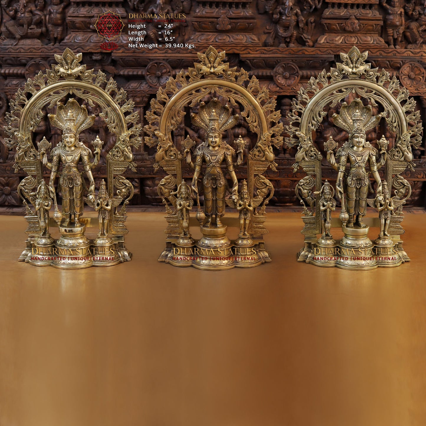 Brass Vishnu in Frame with Garuda and hanuman, Fine Golden Finish, 24"