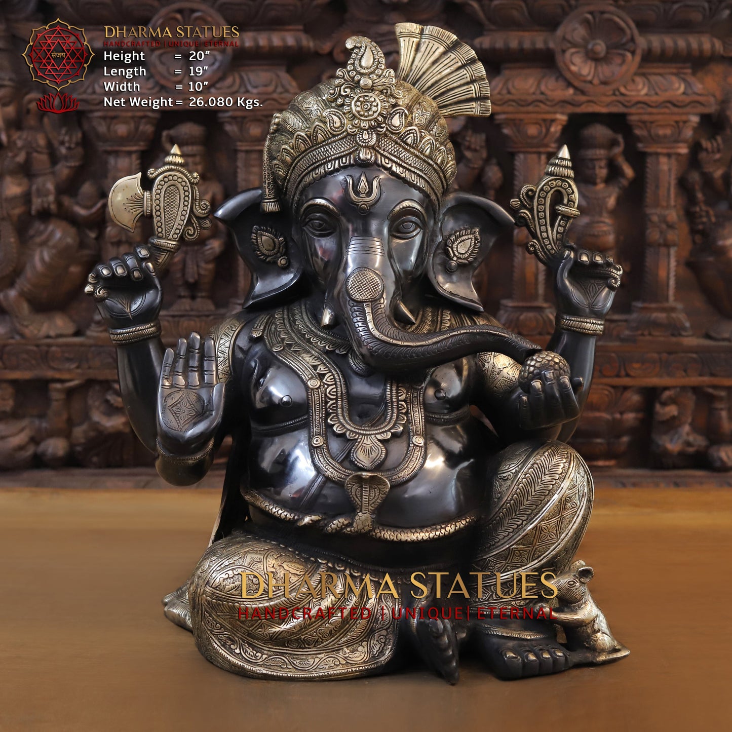 Brass Ganesh seated in Blessing Posture, Black Patina & Golden Finish, 20"