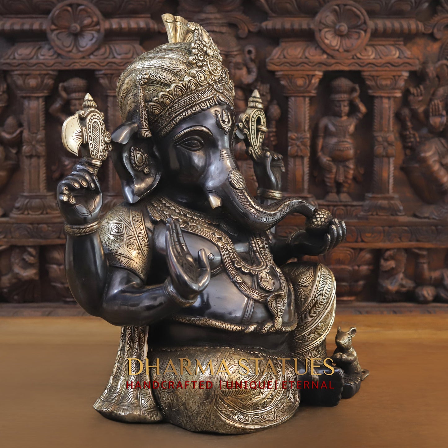 Brass Ganesh seated in Blessing Posture, Black Patina & Golden Finish, 20"