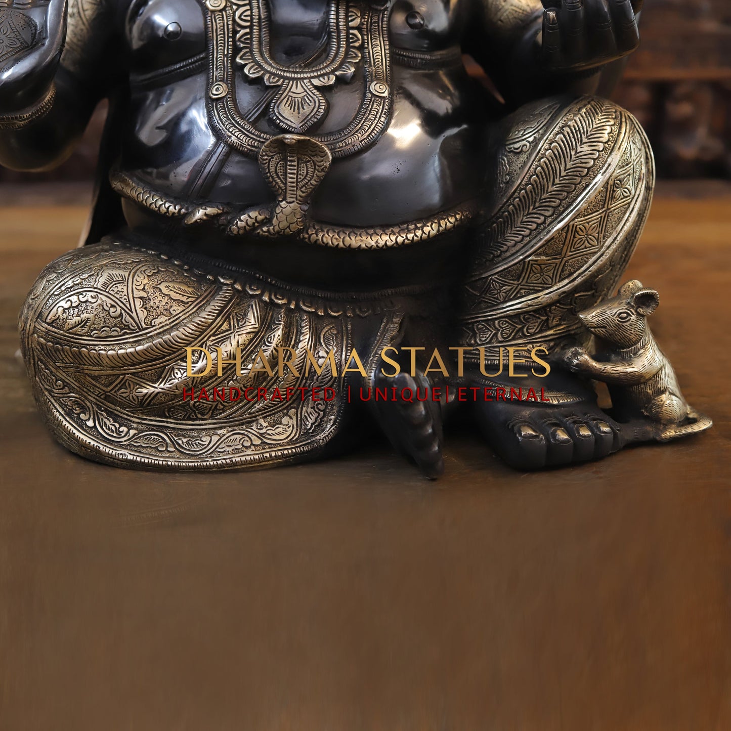 Brass Ganesh seated in Blessing Posture, Black Patina & Golden Finish, 20"