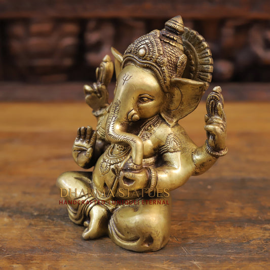 Brass Ganesha Idol, Seated Posture, Fine Golden Finish 7"