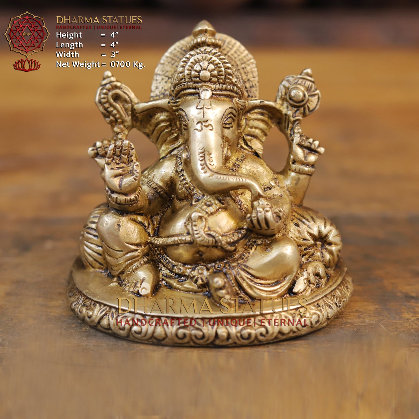 Brass Ganesha Statue, Seated On a Round Base, Fine Golden Finish