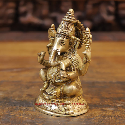 Brass Ganesh Idol, Fine Golden Finish 6.5"