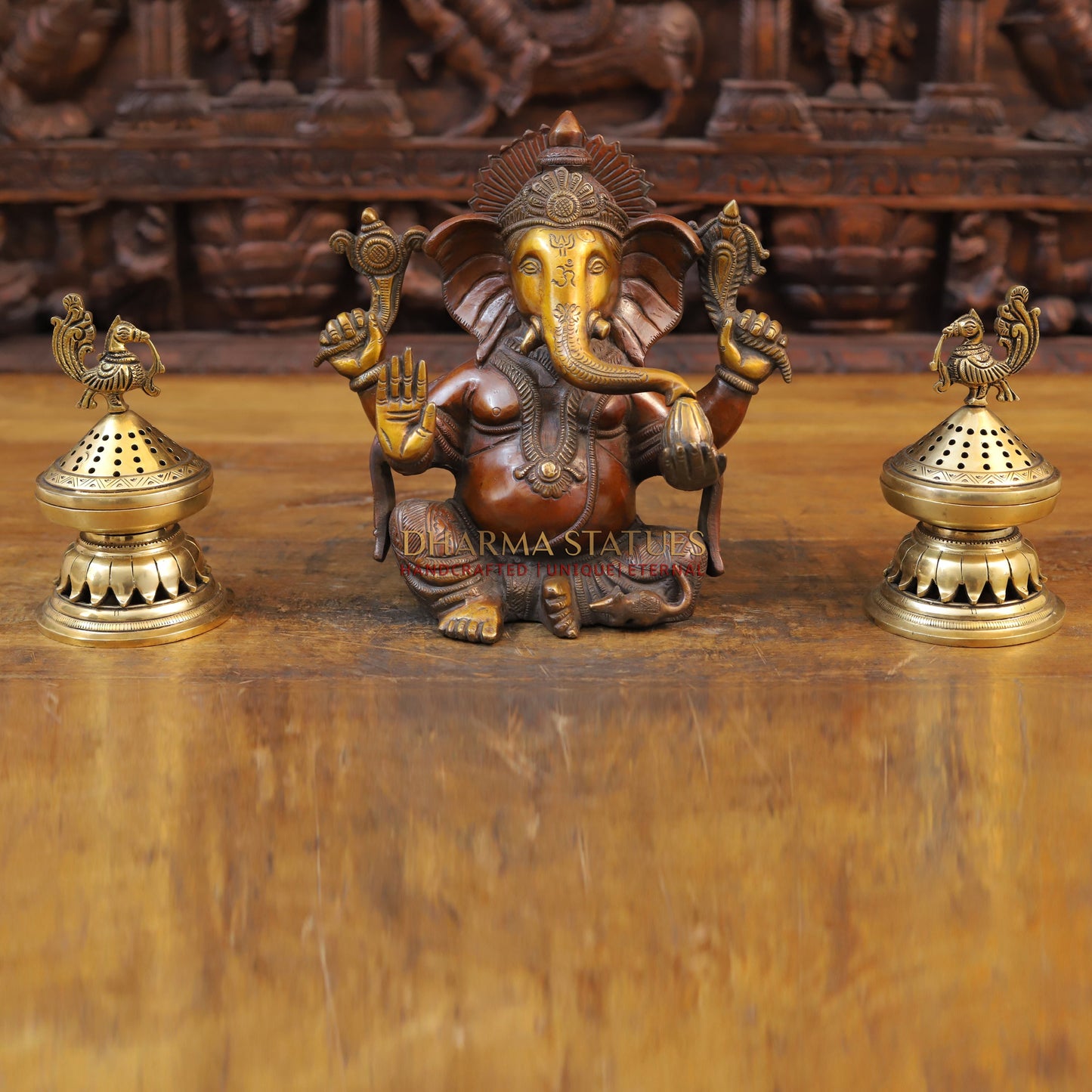 Brass Ganesh Idol, Blessing Posture, Copper and Gold Finish 9.5"