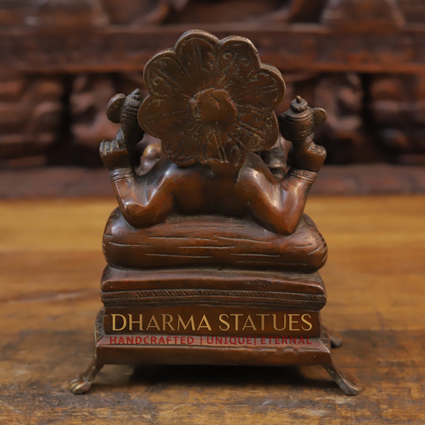 Brass Ganesh Statue, Seated on a tortoise, Copper finish 9"