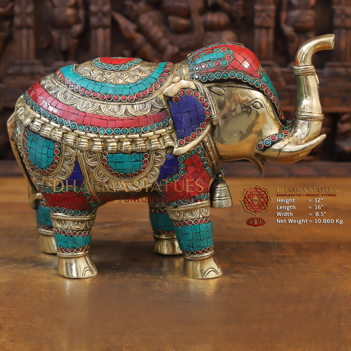 Brass Stone Carved Elephant, Golden Finish, 12"
