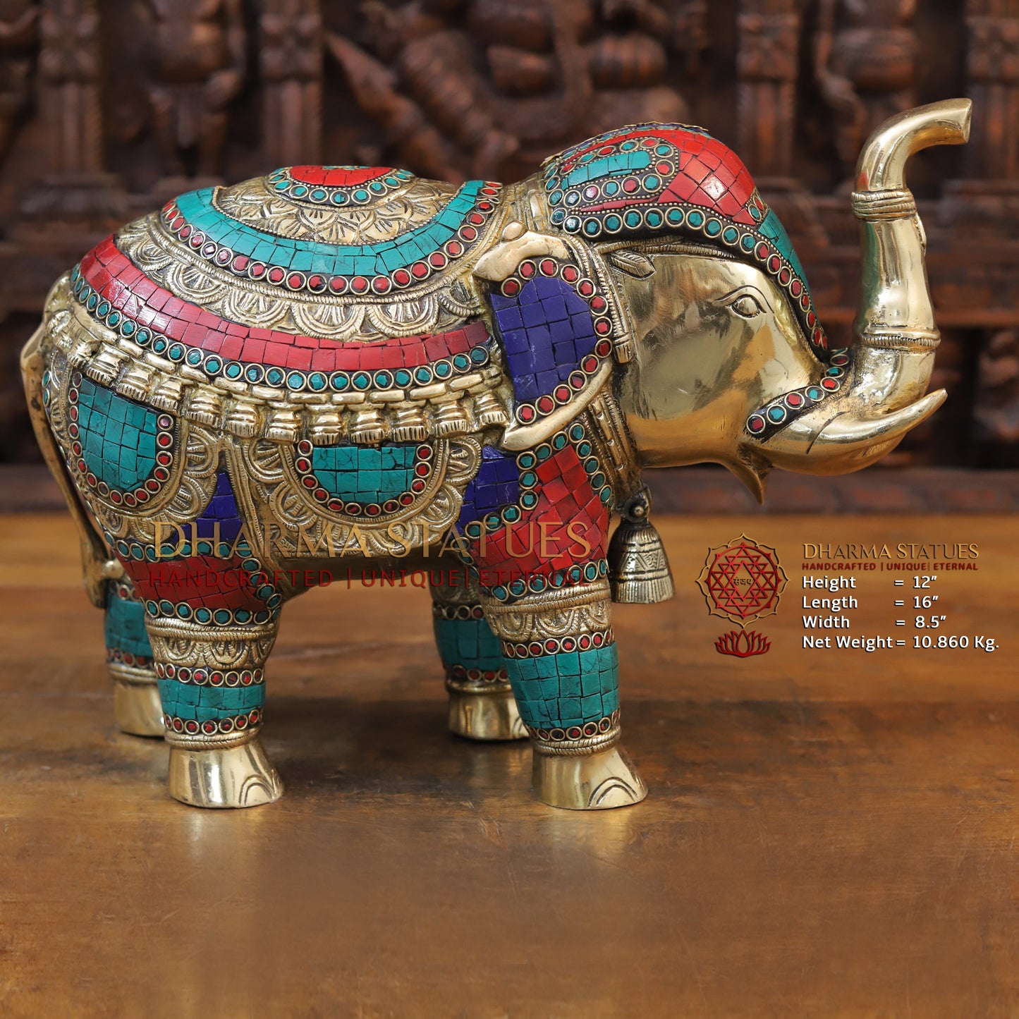 Brass Stone Carved Elephant, Golden Finish, 12"