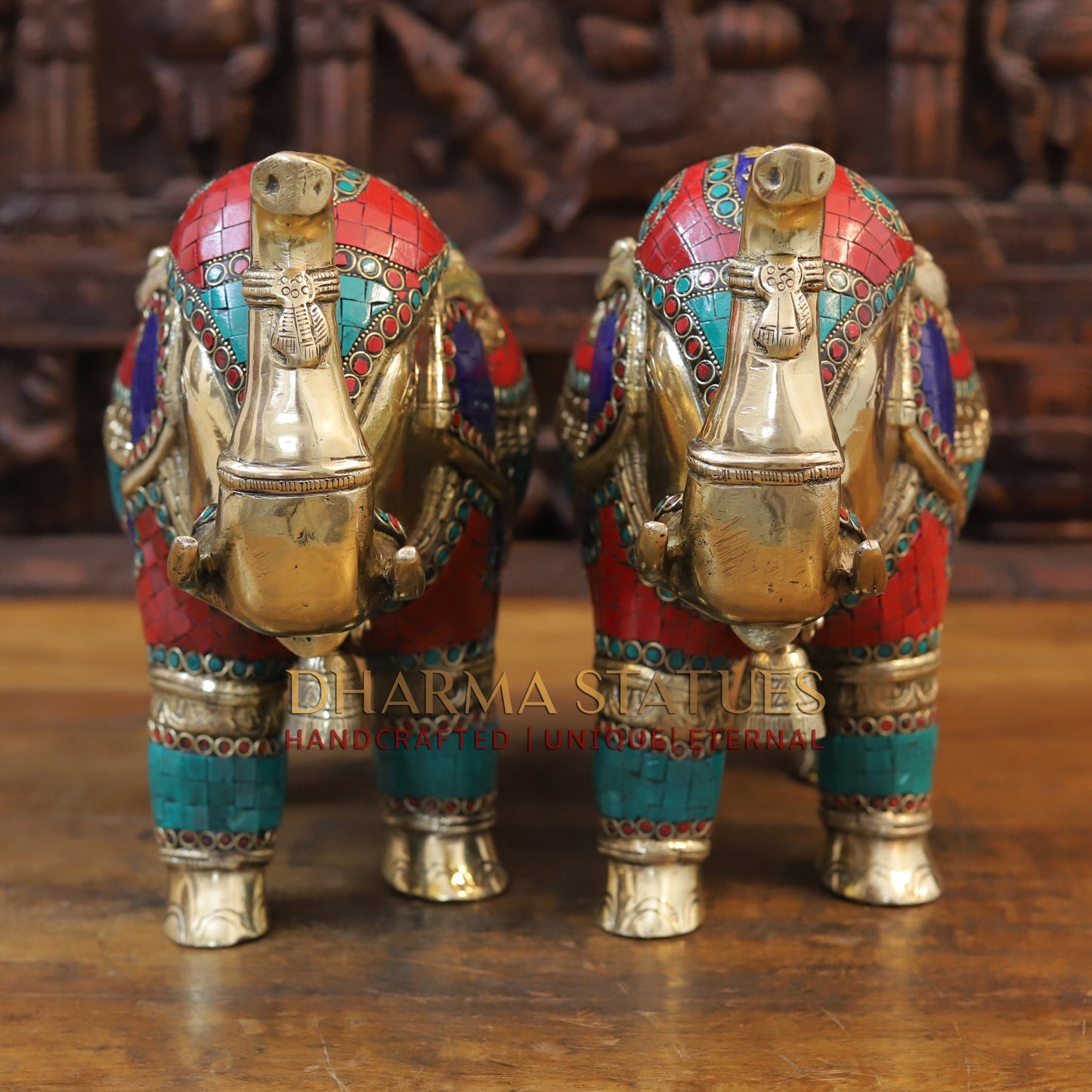 Brass Stone Carved Elephant, Golden Finish, 12"