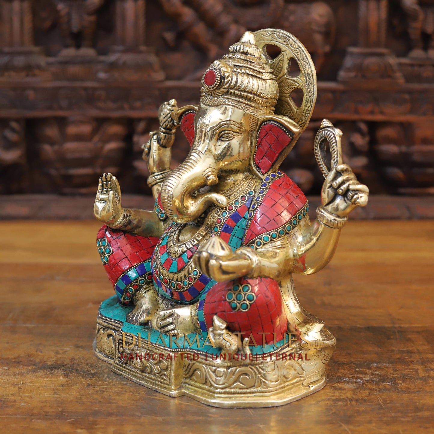 Brass Ganesh Statue with Stone Work, Golden Finish, 11"