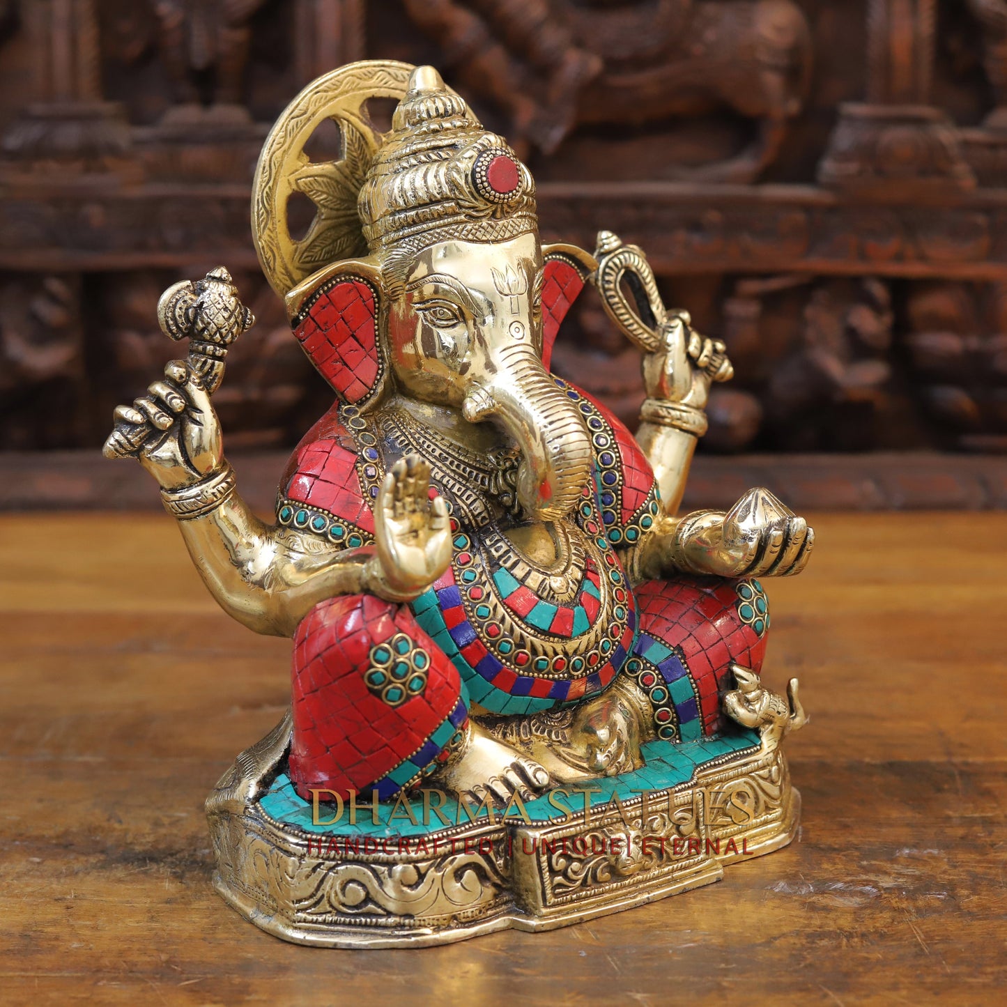 Brass Ganesh Statue with Stone Work, Golden Finish, 11"