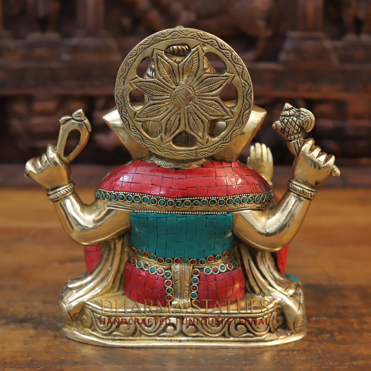 Brass Ganesh Statue with Stone Work, Golden Finish, 11"