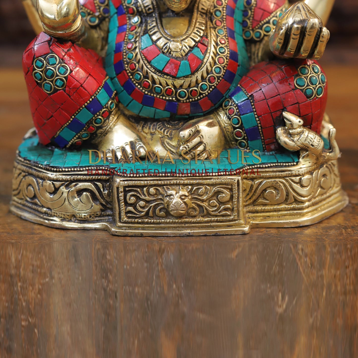 Brass Ganesh Statue with Stone Work, Golden Finish, 11"
