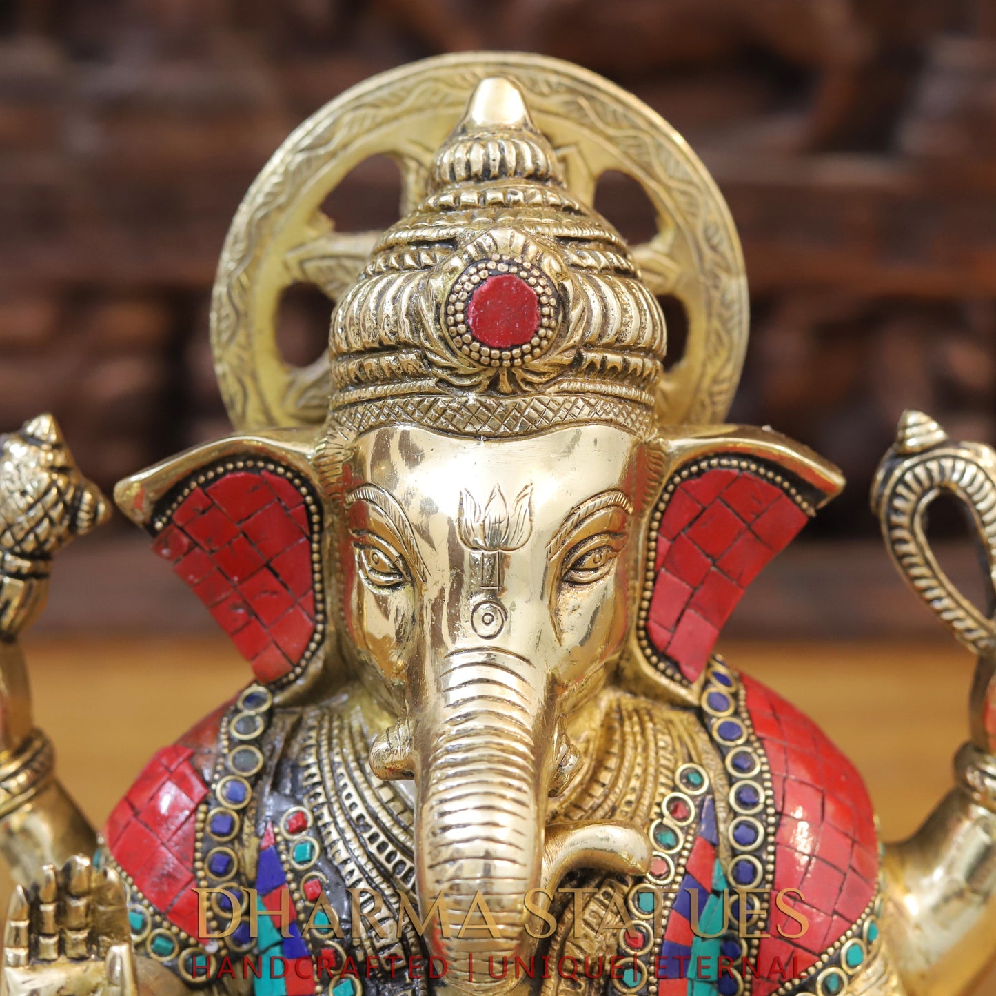 Brass Ganesh Statue with Stone Work, Golden Finish, 11"