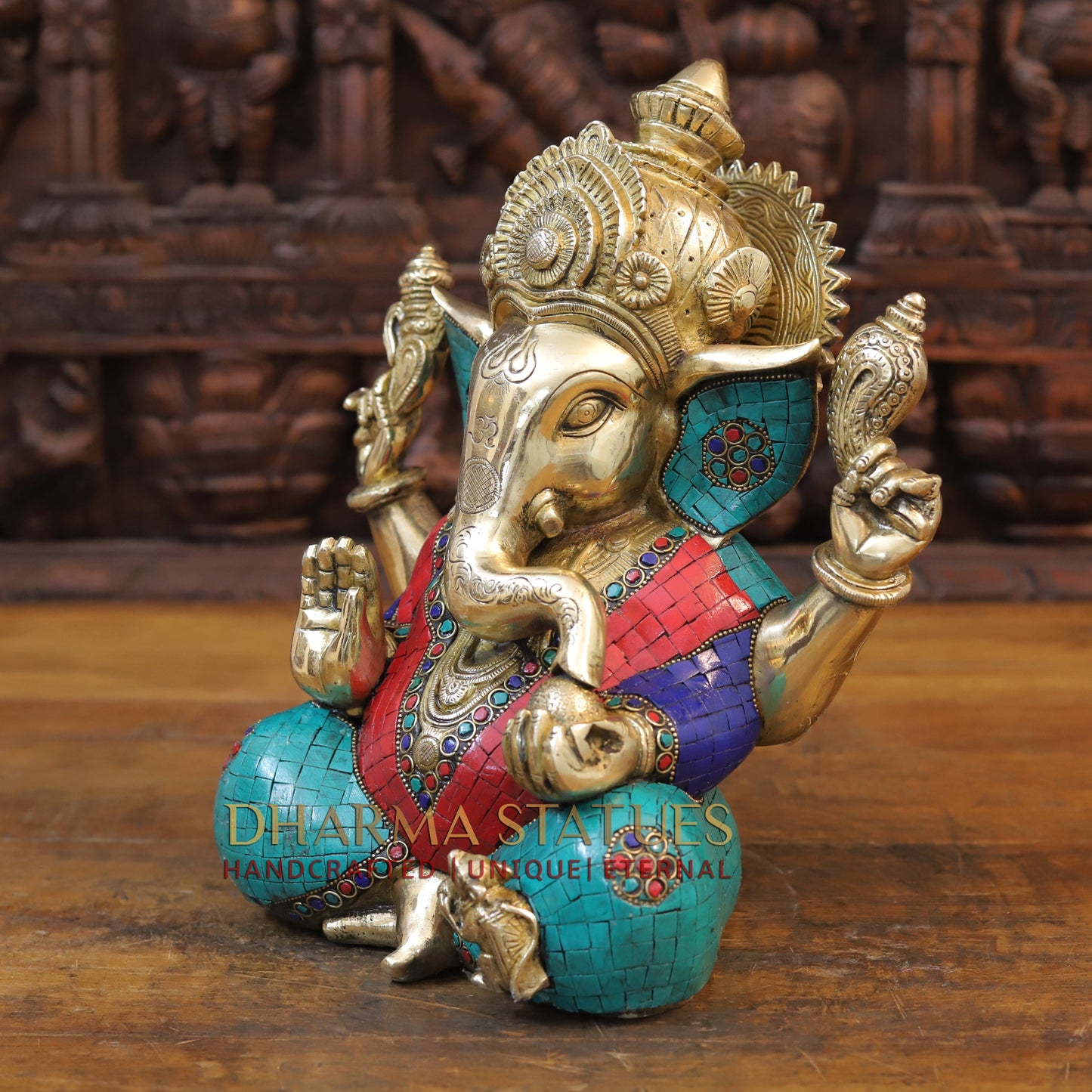 Brass Ganesh seated With Crown, Stone work 12”