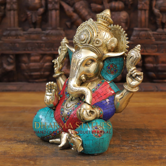 Brass Ganesh seated With Crown, Stone work 12”