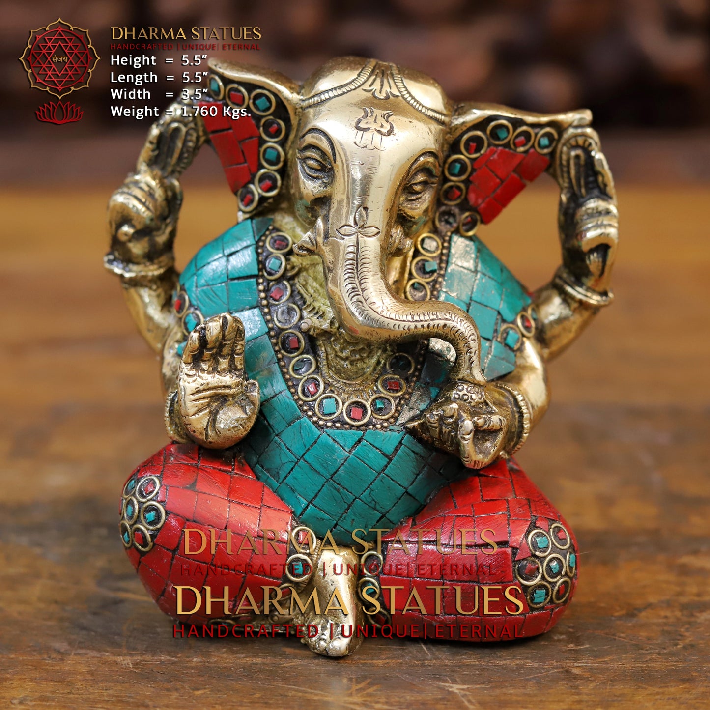 Brass Ganesh seated with tilted neck, Stone work, 5.5”