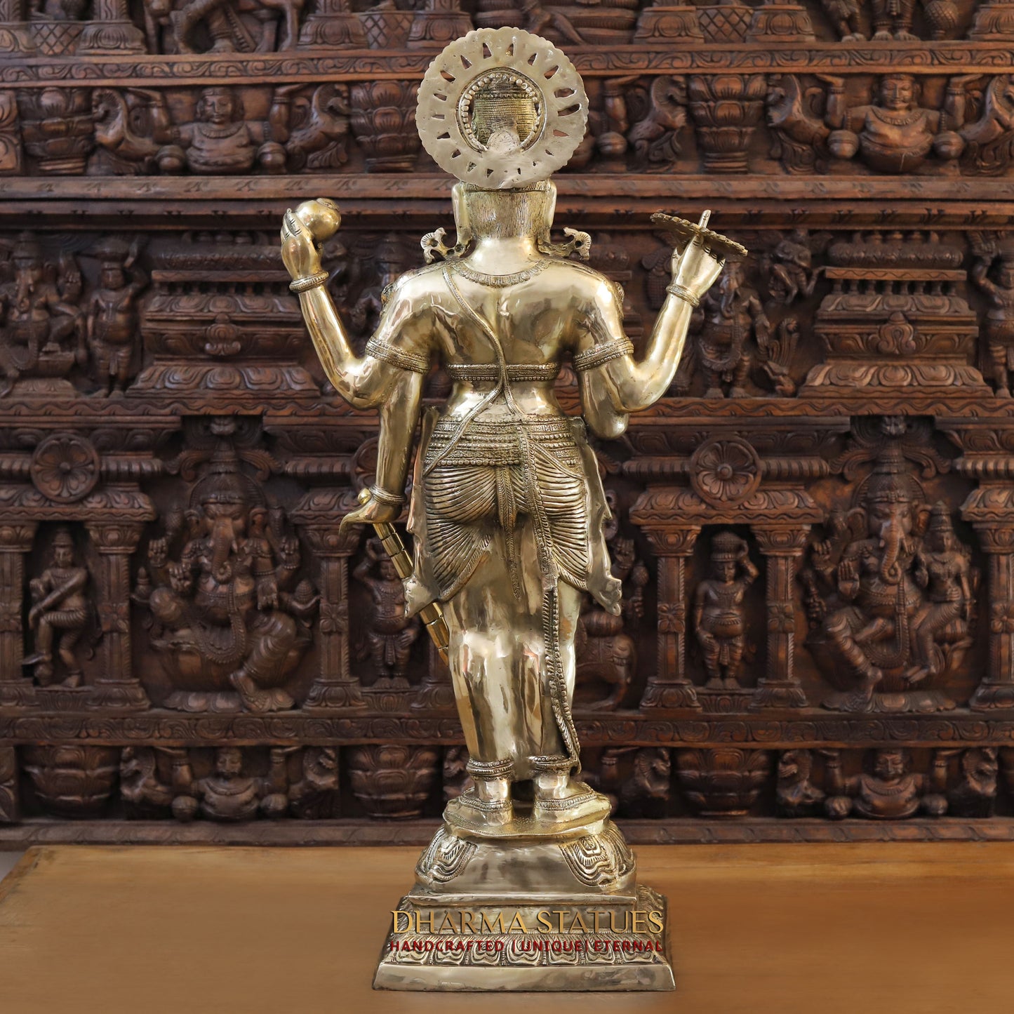 Brass Vishnu standing on Pedestrial, Golden Finish, 41.5"