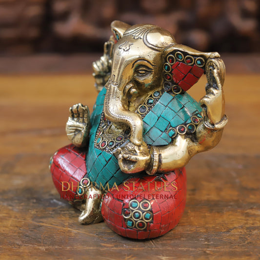 Brass Ganesh seated with tilted neck, Stone work, 5.5”