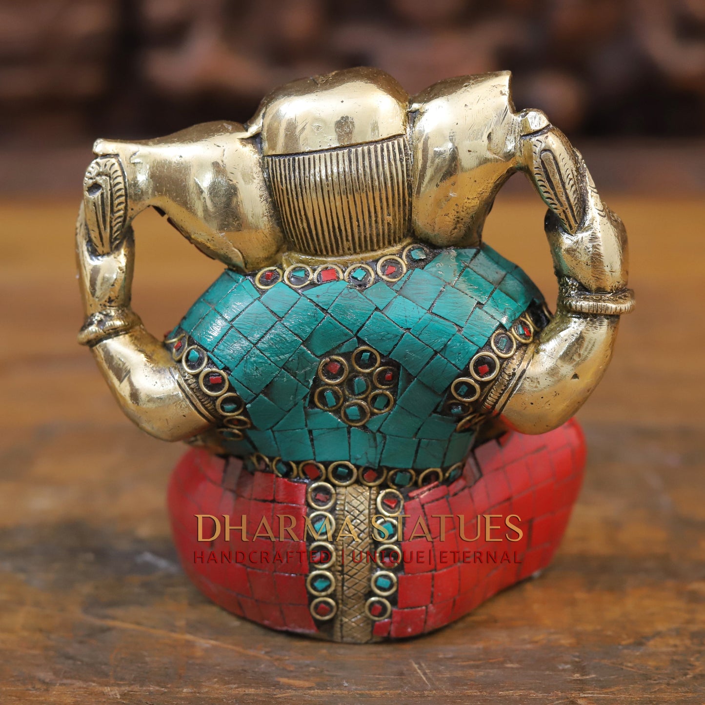Brass Ganesh seated with tilted neck, Stone work, 5.5”