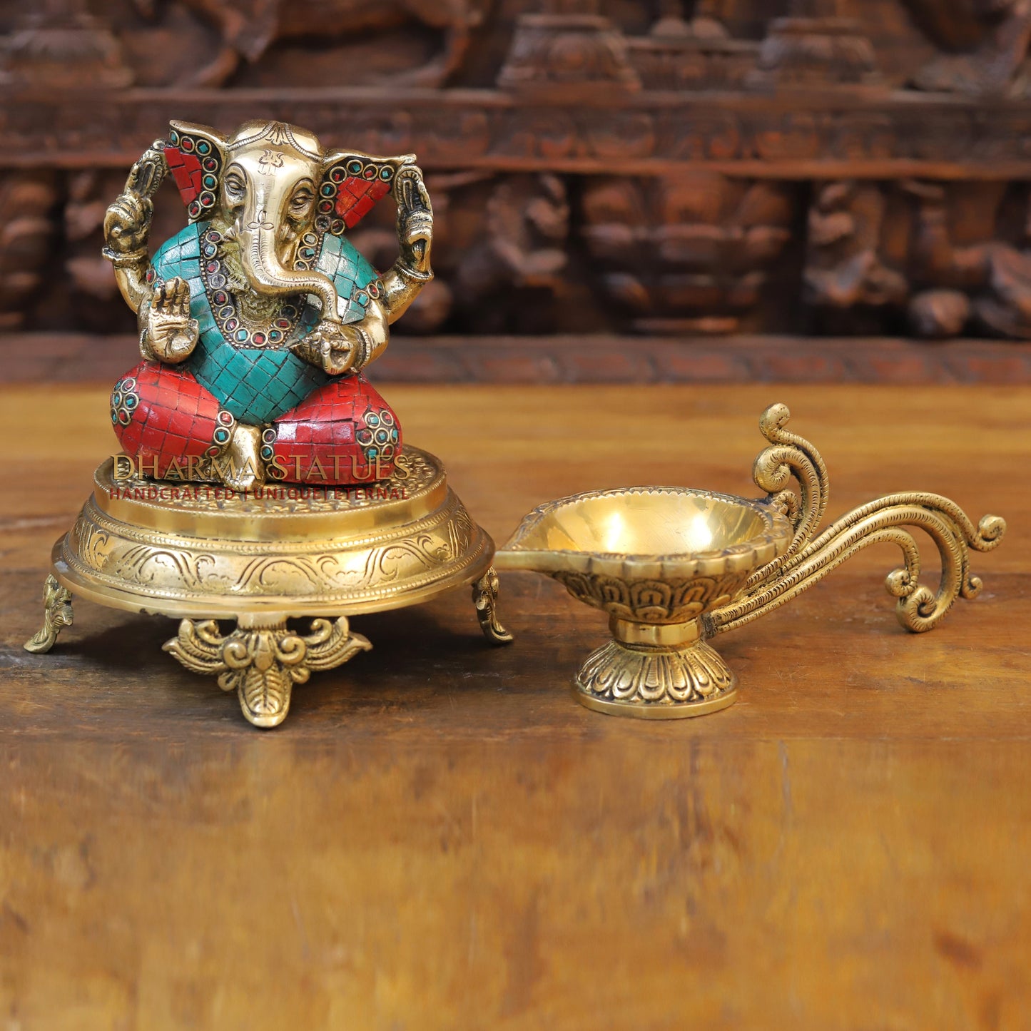 Brass Ganesh seated with tilted neck, Stone work, 5.5”