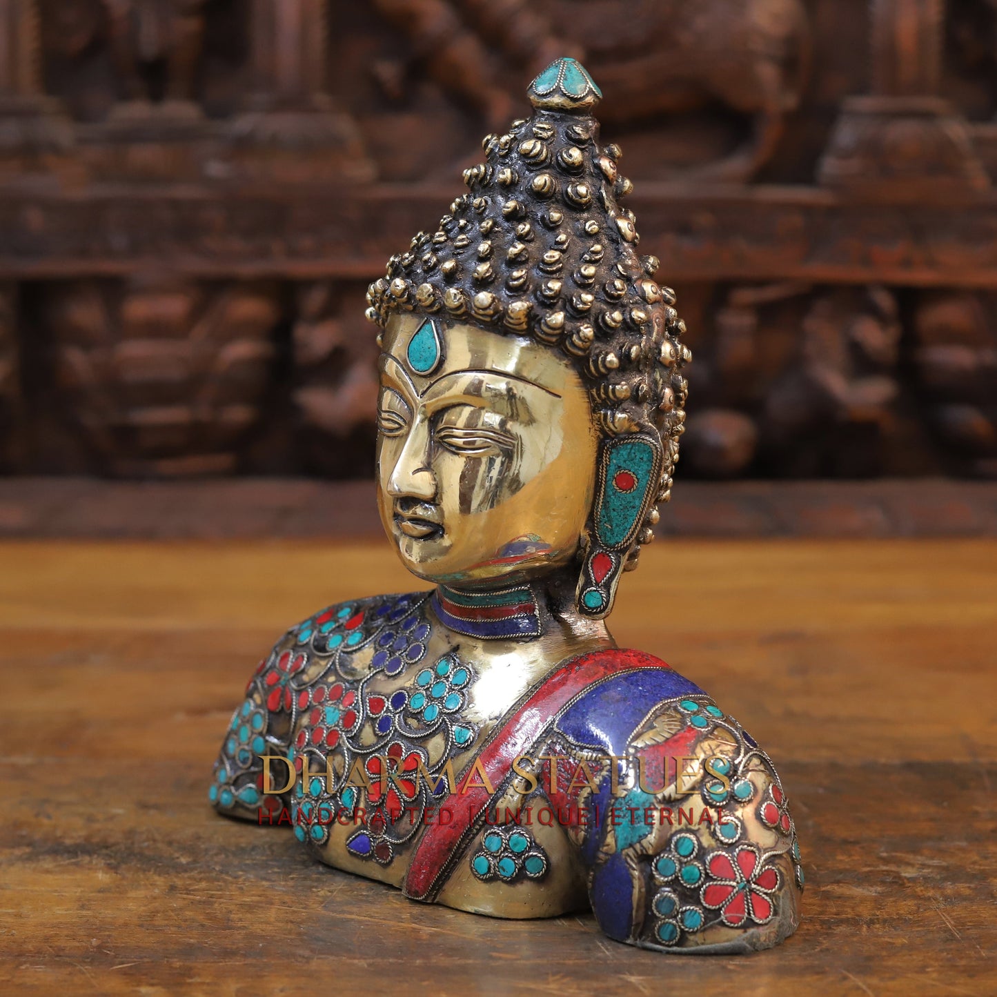 Brass Buddha Head Statue, Fine Golden and Stone work 10"