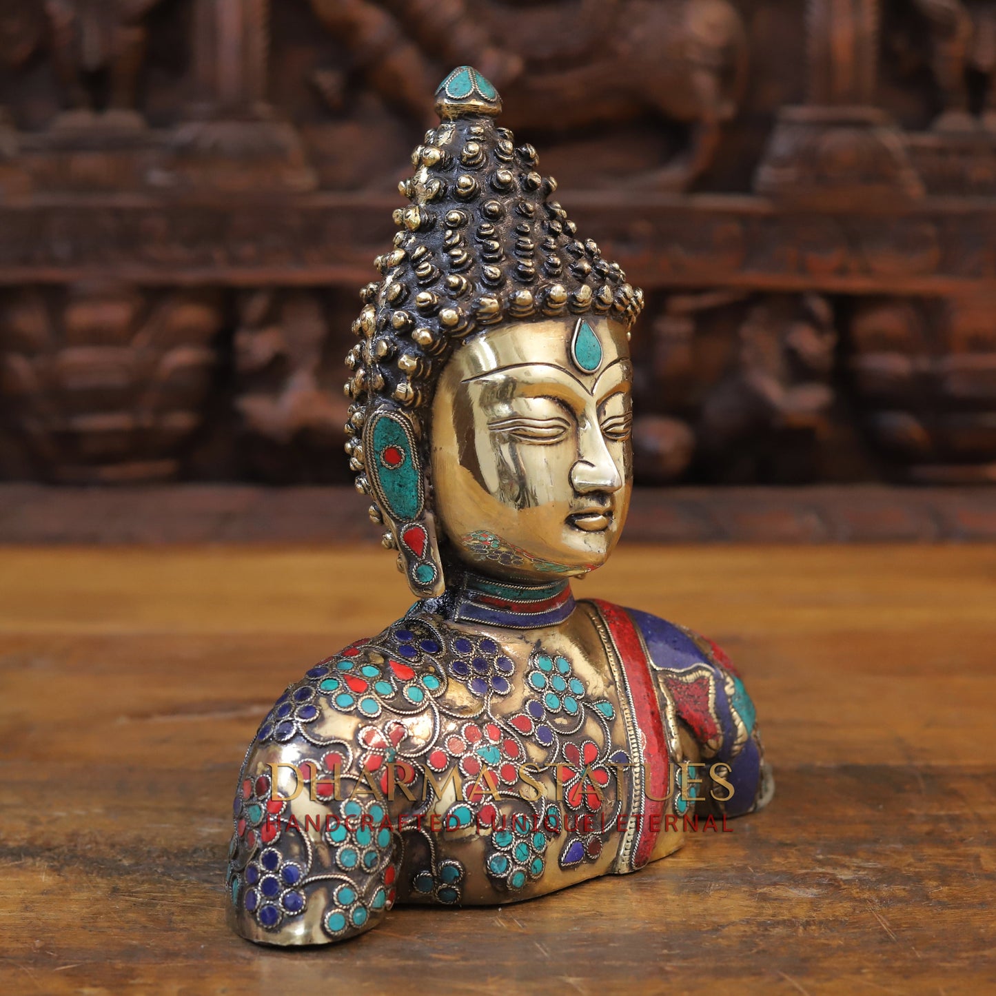 Brass Buddha Head Statue, Fine Golden and Stone work 10"