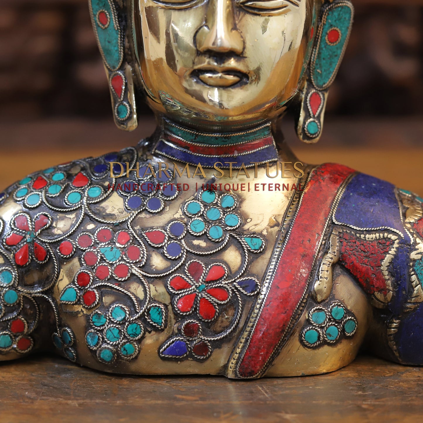 Brass Buddha Head Statue, Fine Golden and Stone work 10"