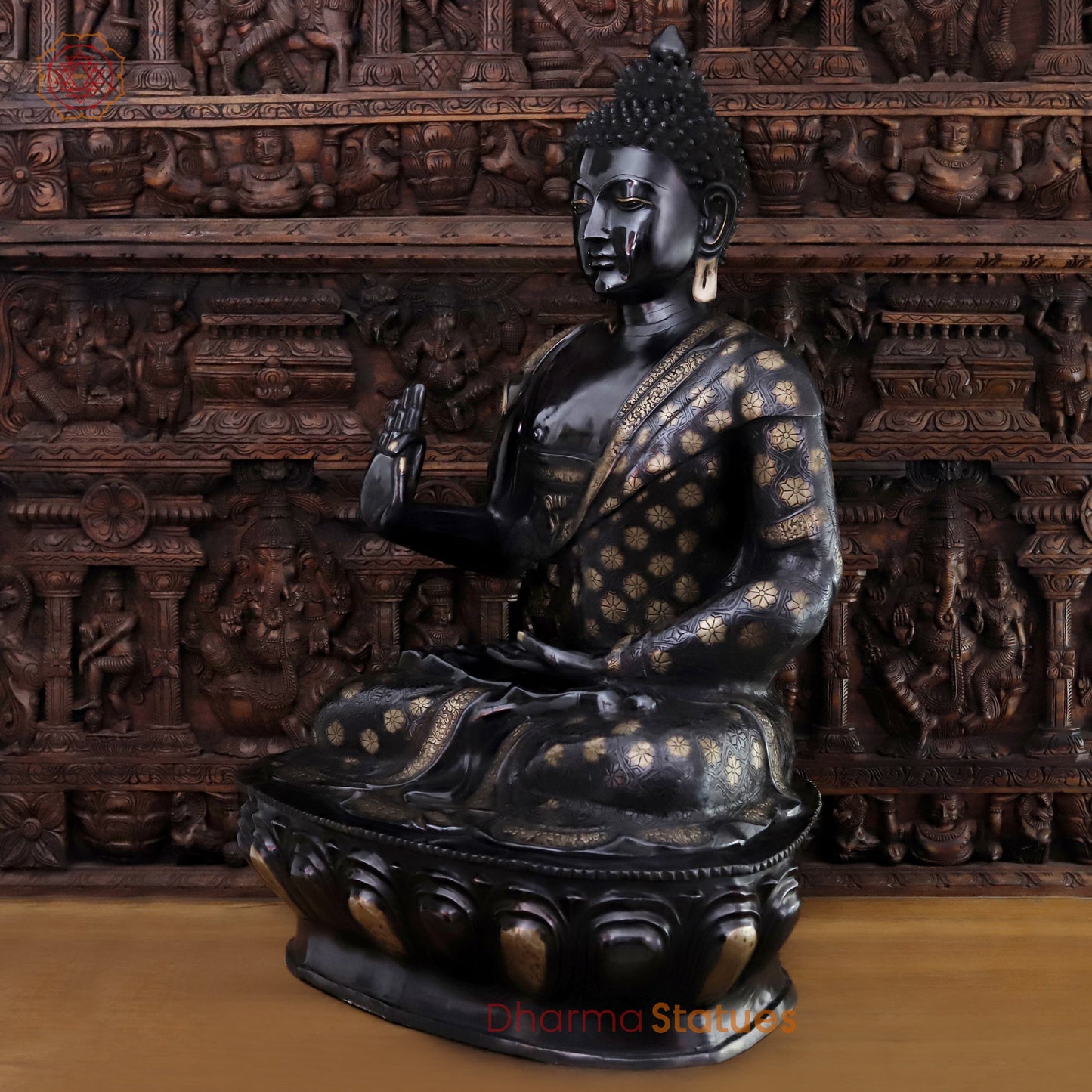 Brass Buddha Statue, Seated, Floral Black Patina Finish 46"