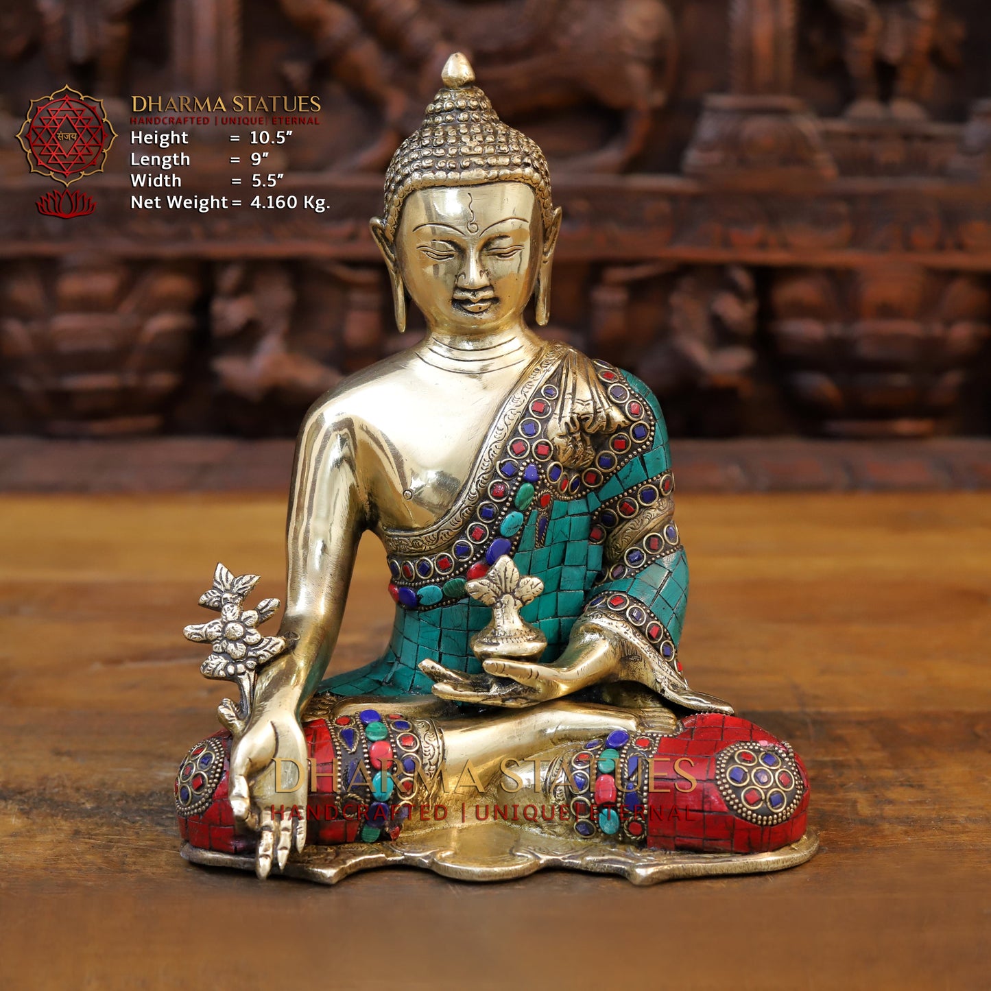 Brass Medicine Buddha Statue, Fine Golden and Stone work 10.5"