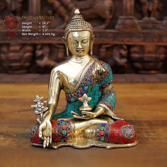 Brass Medicine Buddha Statue, Fine Golden and Stone work 10.5"