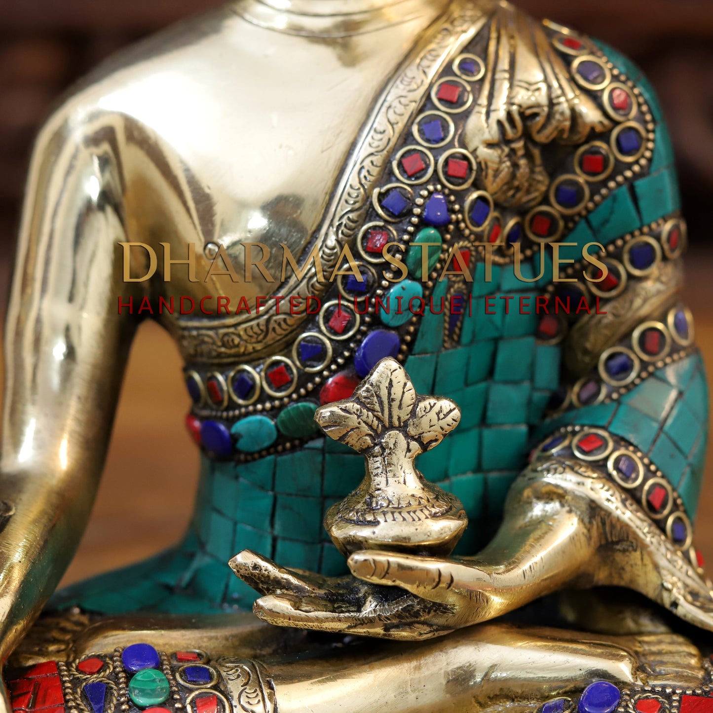 Brass Medicine Buddha Statue, Fine Golden and Stone work 10.5"