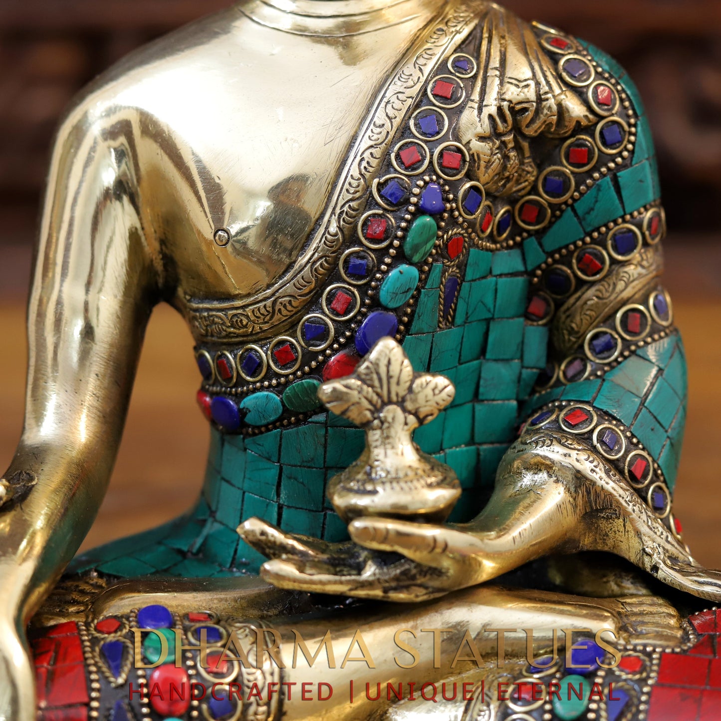 Brass Medicine Buddha Statue, Fine Golden and Stone work 10.5"