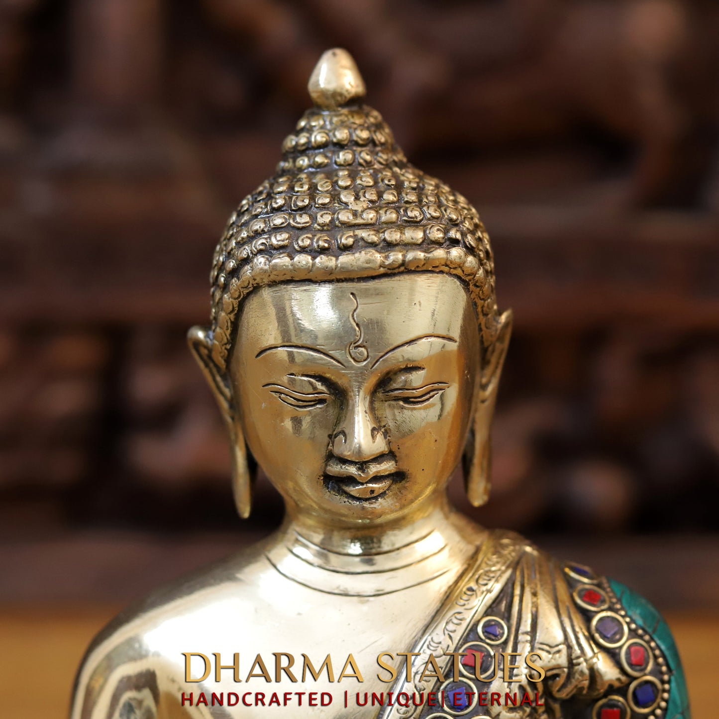 Brass Medicine Buddha Statue, Fine Golden and Stone work 10.5"