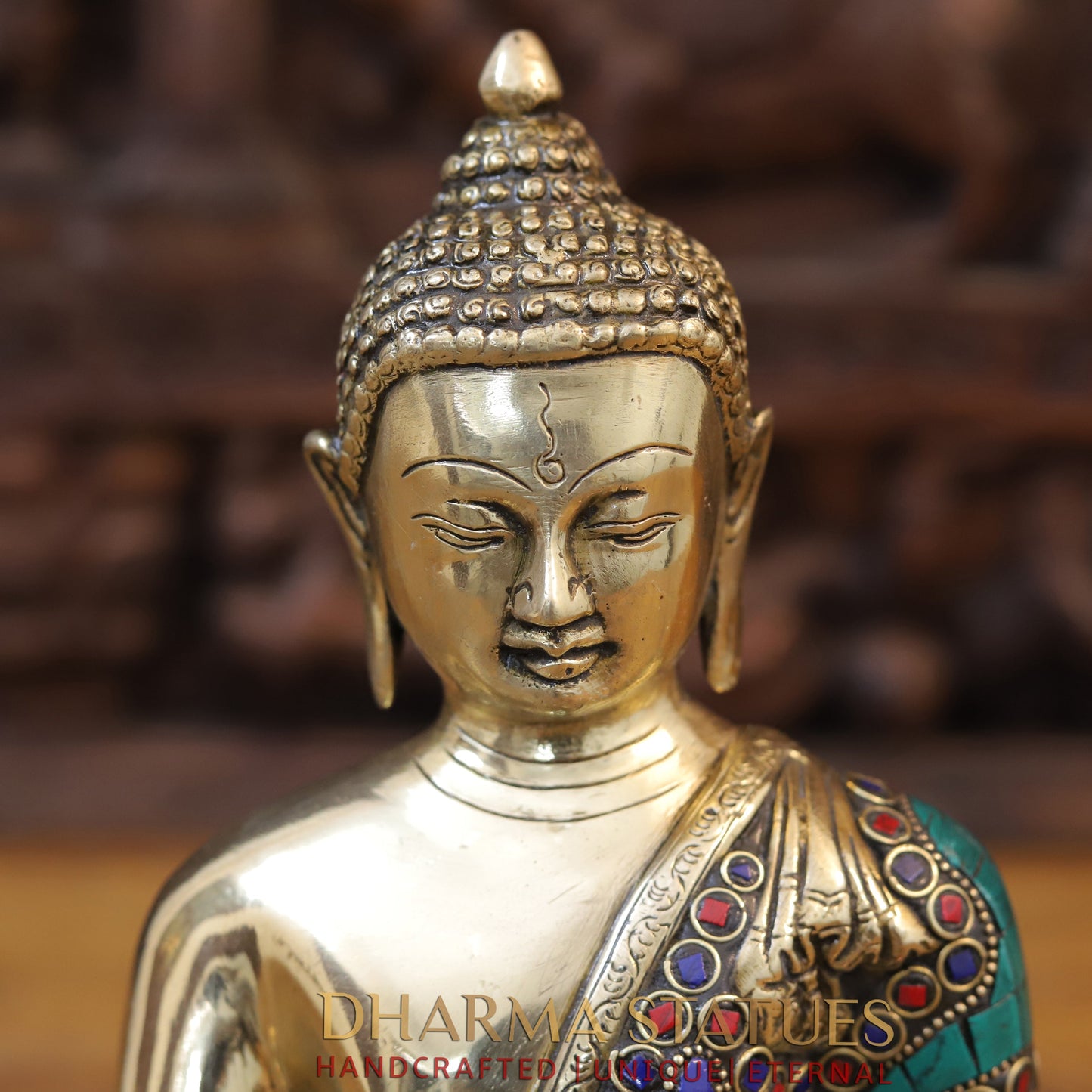 Brass Medicine Buddha Statue, Fine Golden and Stone work 10.5"