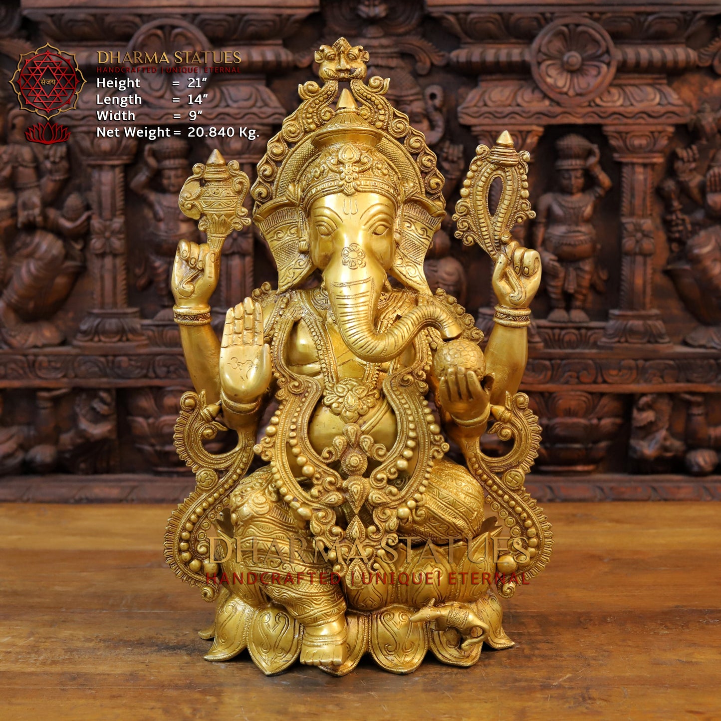 Brass Ganesh Idol, Seated on Lotus, Fine Golden Finish 21"