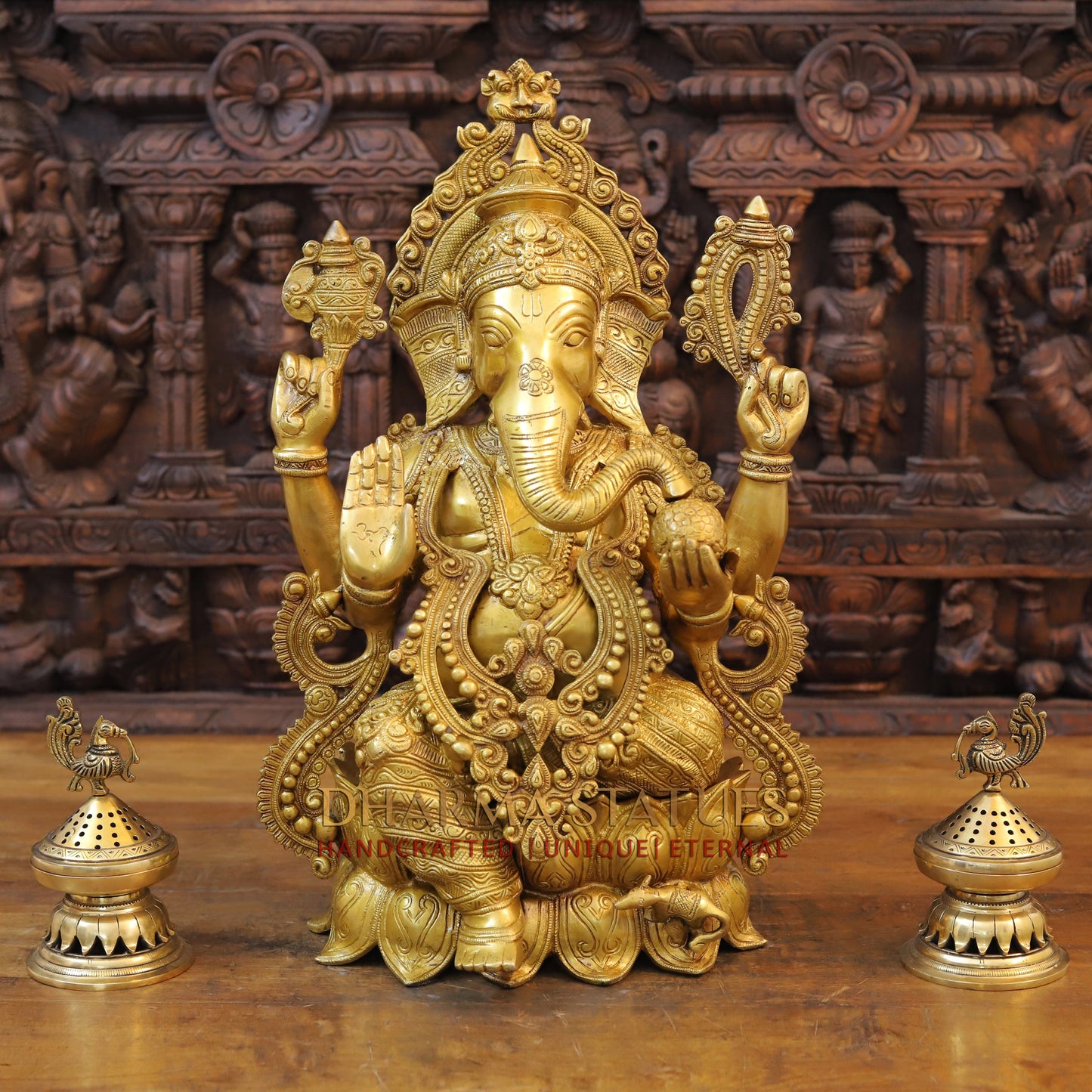Brass Ganesh Idol, Seated on Lotus, Fine Golden Finish 21"