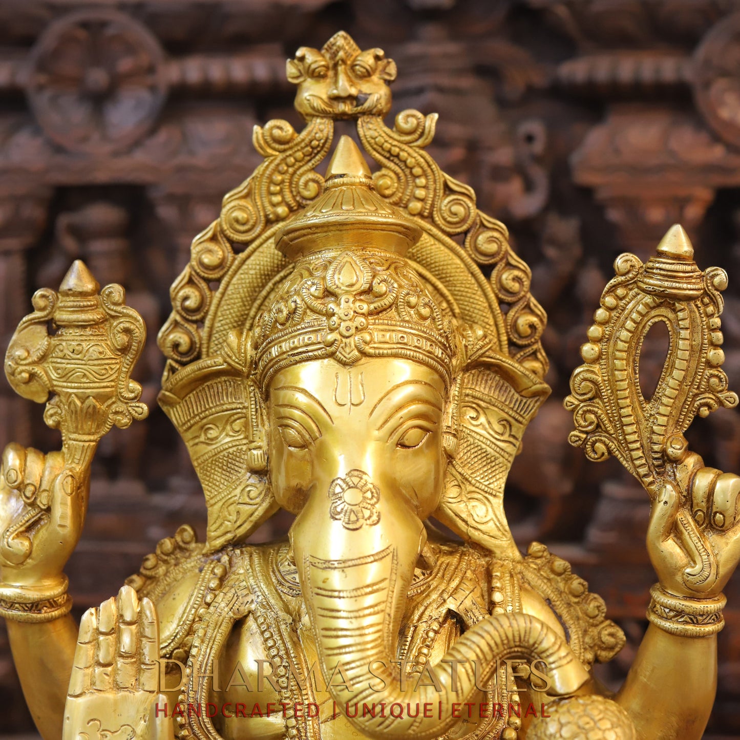 Brass Ganesh Idol, Seated on Lotus, Fine Golden Finish 21"