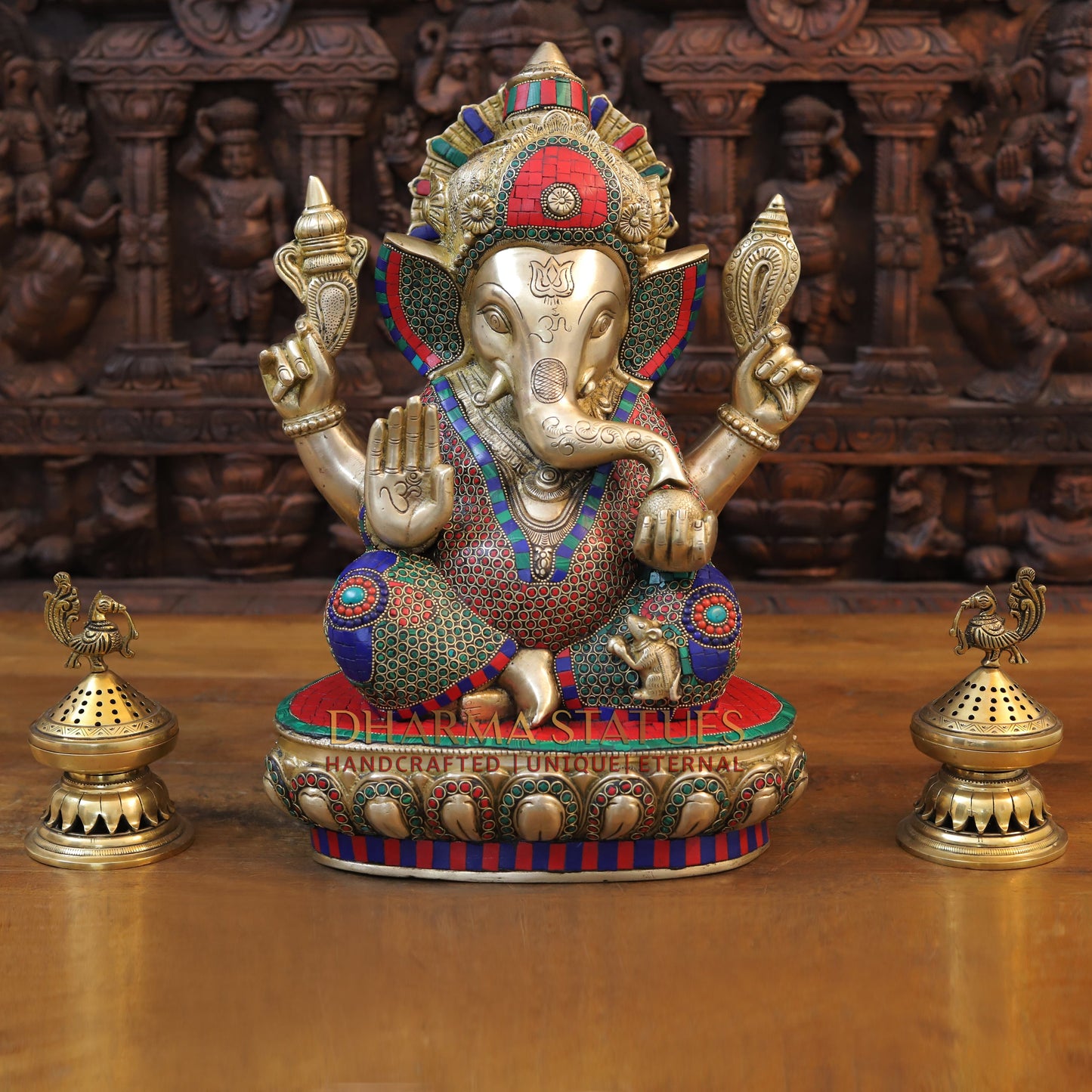Brass Ganesh seated With crown, Golden & Stone work, 18.5”