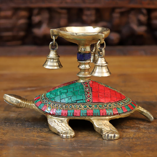Brass Tortoise Diya with Hanging Bells, Golden & Stonework, 6"