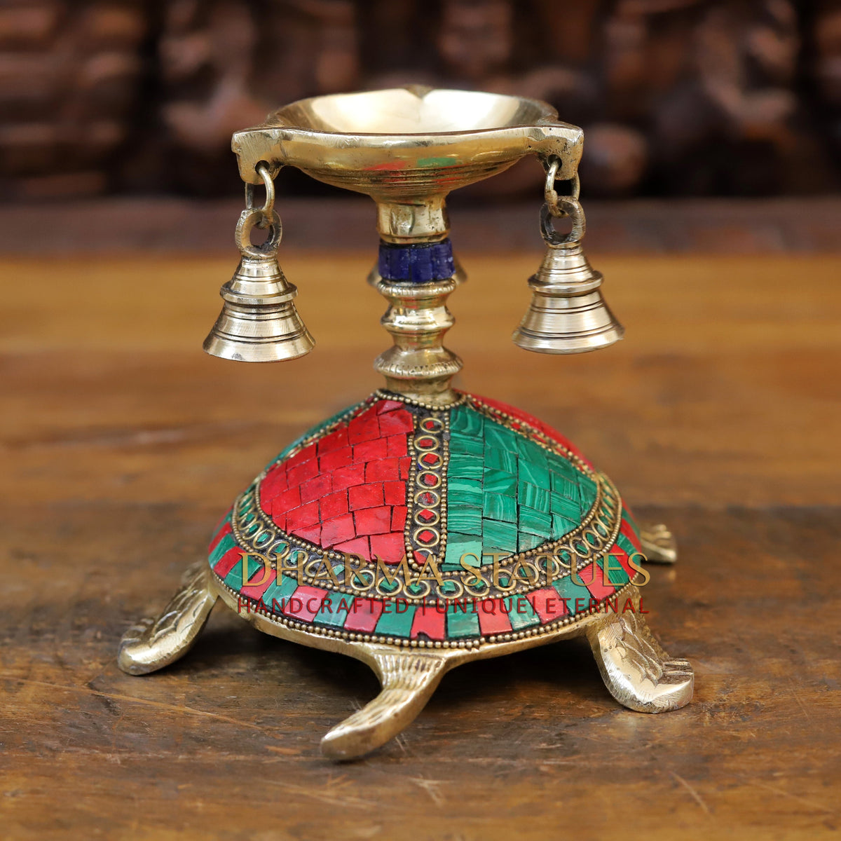 Brass Tortoise Diya with Hanging Bells, Golden & Stonework, 6"