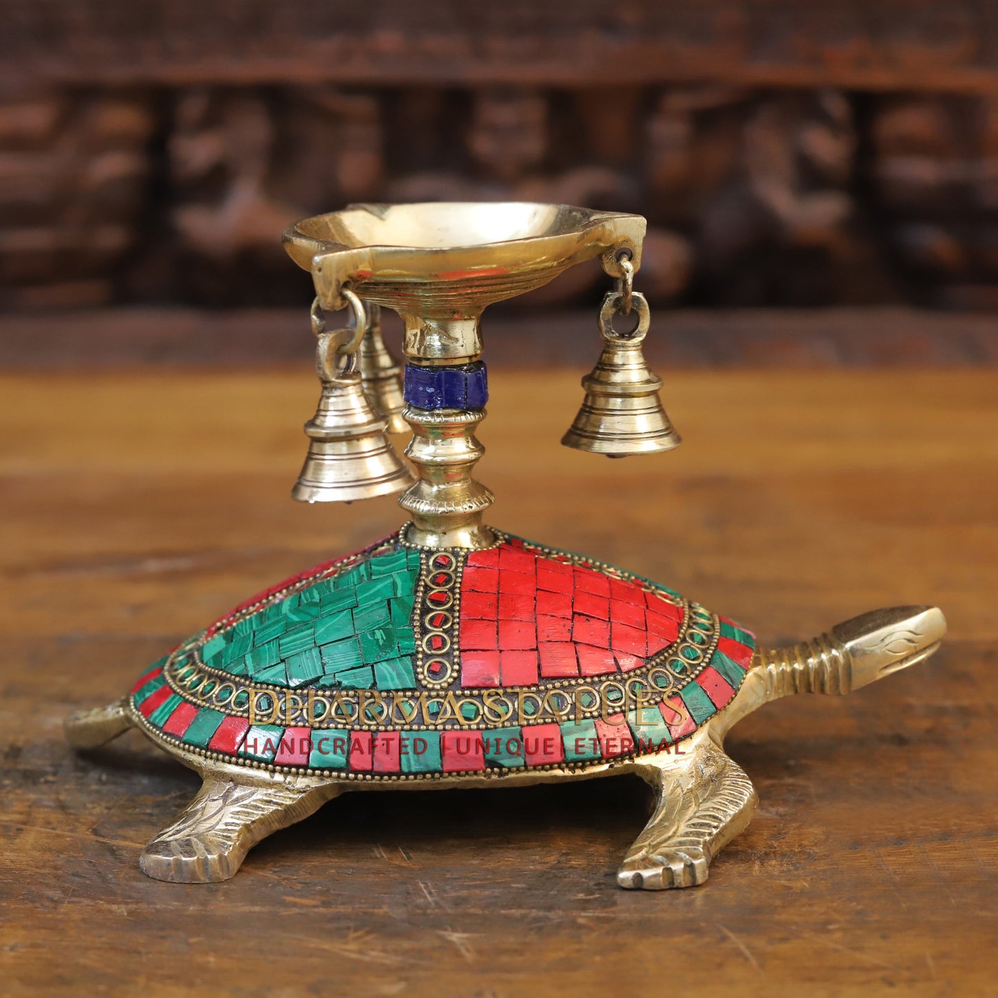 Brass Tortoise Diya with Hanging Bells, Golden & Stonework, 6"