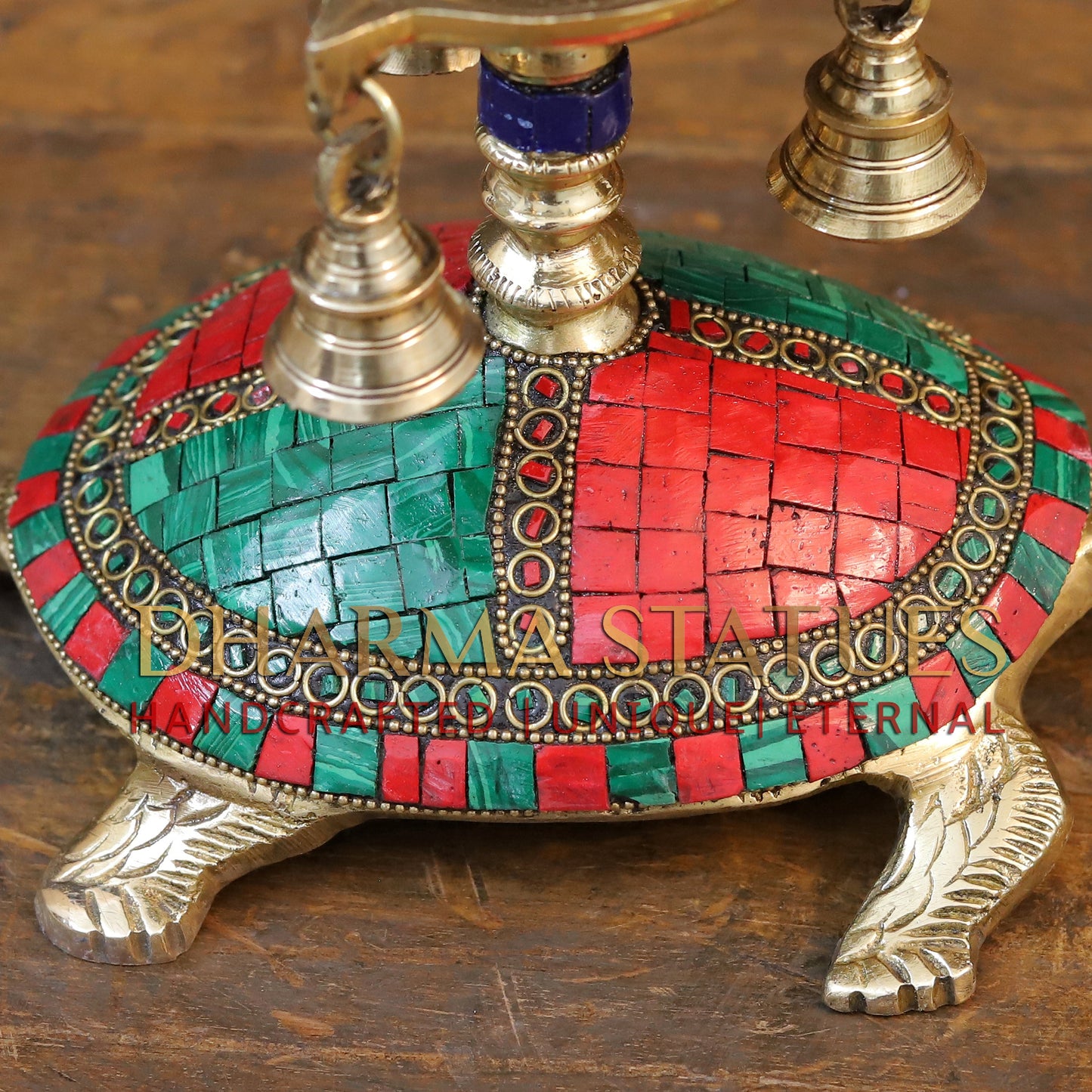 Brass Tortoise Diya with Hanging Bells, Golden & Stonework, 6"