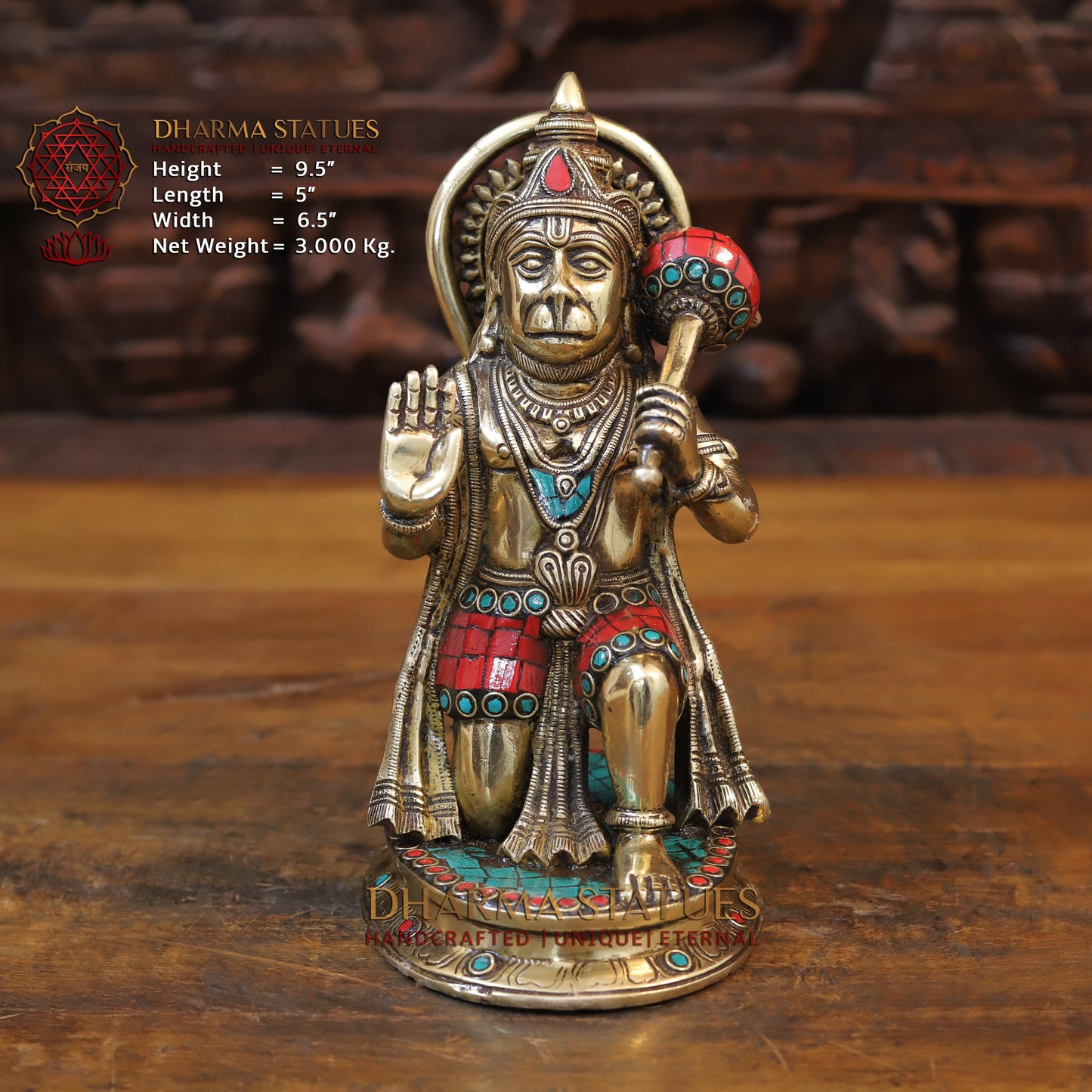 Brass Hanuman Idol, Seated in a Blessing Posture, Golden Finish & Stonework, 9.5"
