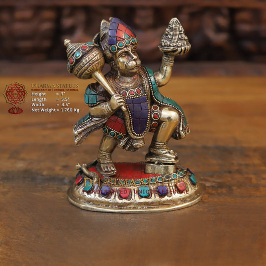 Brass Hanuman Statue Lifting the Sanjivani Mountain, Golden & Stonework, 7"